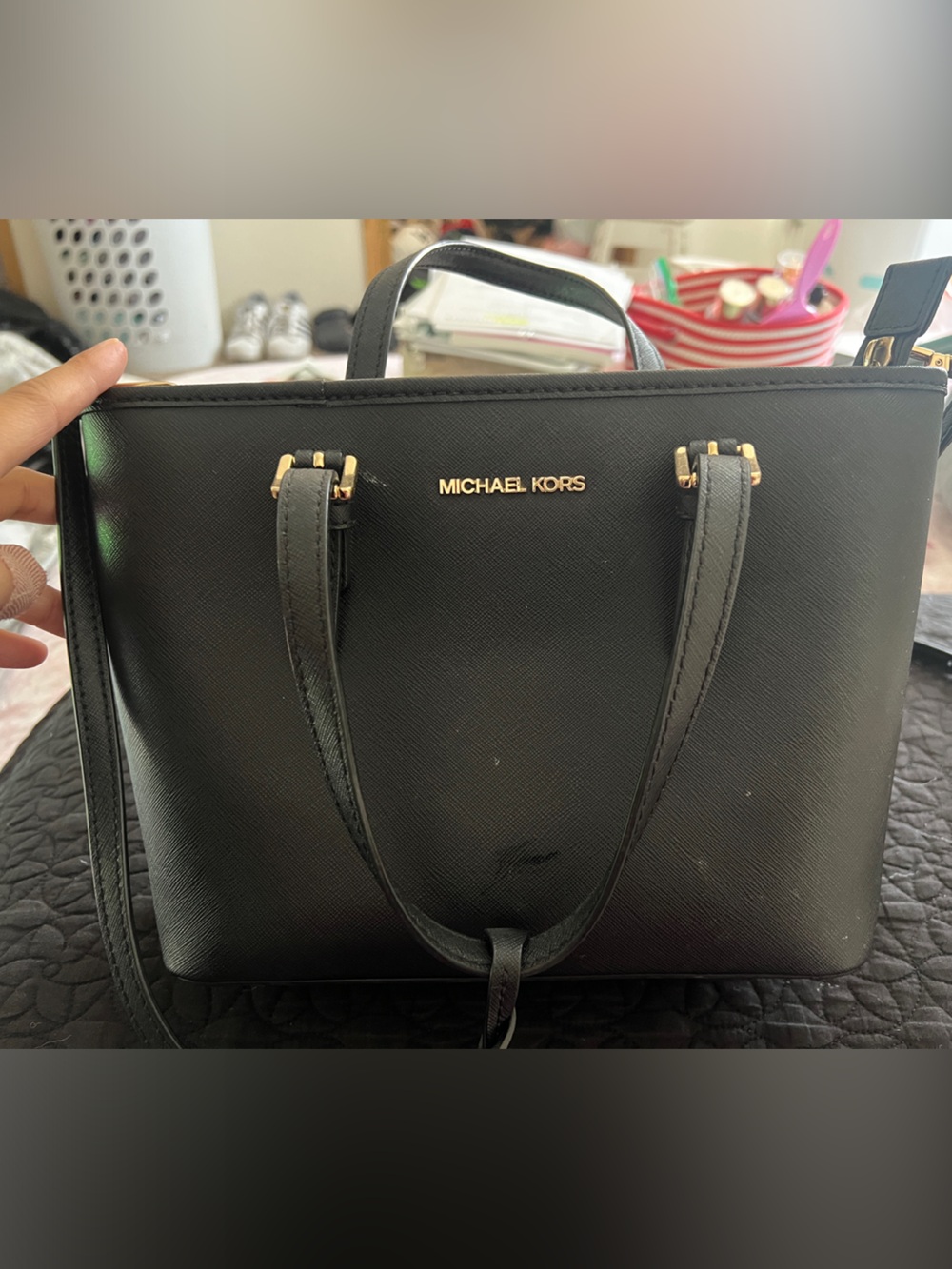 MICHAEL KORS Black Saffiano Satchel with Gold Hardware